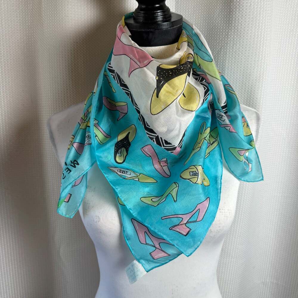 Vintage Nine West 100% Silk Scarf Blue White Shoe Pattern Hand Rolled 33x33" EUC